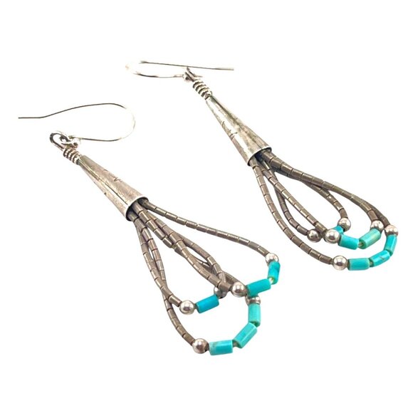 Boho 1970s Silver & Turquoise Beaded Dangle Earrings 2" Bohemian Chic Jewelry - Picture 2 of 8